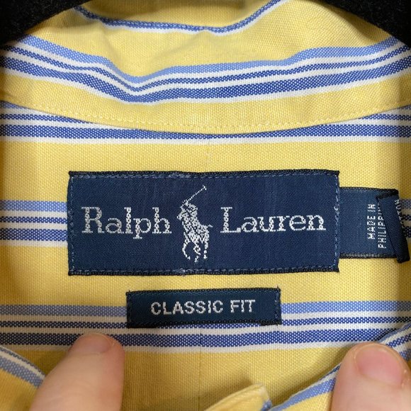 Ralph Lauren Yellow Blue Striped Short Sleeve Button Down Classic Fit Shirt L - Picture 6 of 12